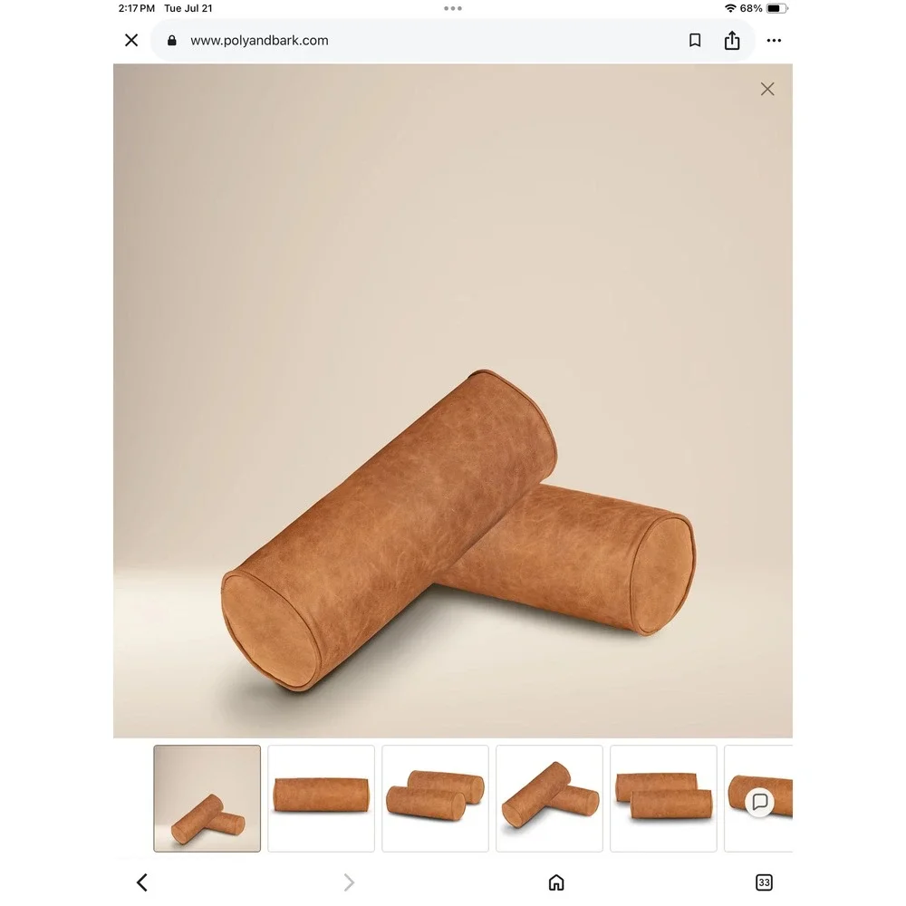 Poly and Bark Cognac Tan Italian Leather Bolster Pillows Set of 2 MCM 21x7.75